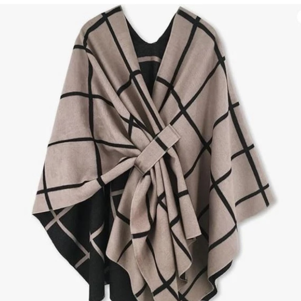 Stylish Tan and Black Plaid Wrap Shawl Reversible NWT